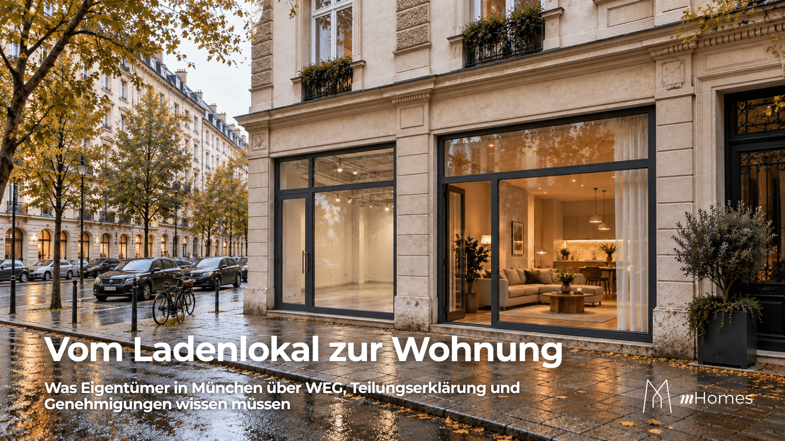 Leerstehendes Ladenlokal mit Schaufenstern im Erdgeschoss eines Münchner Mehrfamilienhauses