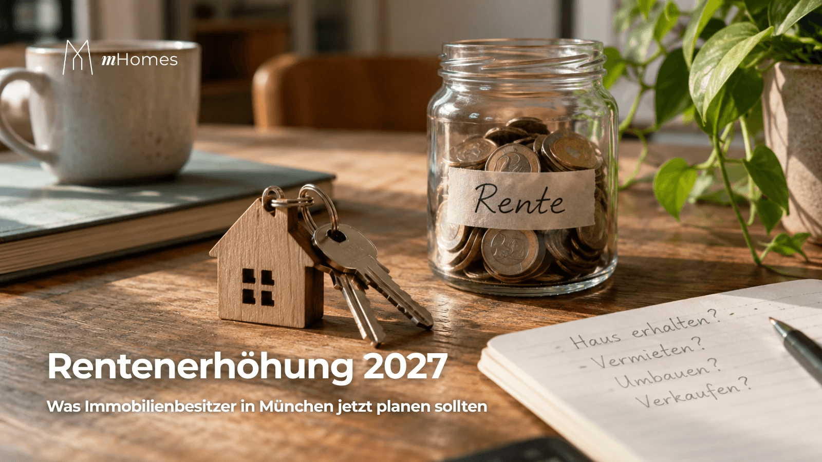 Sparglas mit der Aufschrift Rente, Hausschlüssel und Notizbuch mit Fragen zu Halten, Vermieten, Umbauen und Verkaufen