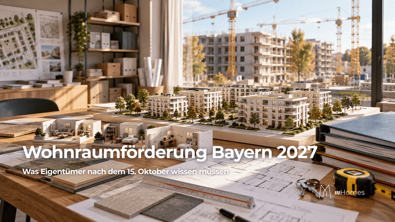 Architekturmodell eines Wohnquartiers im Büro mit Baukränen im Hintergrund: Wohnraumförderung Bayern 2027